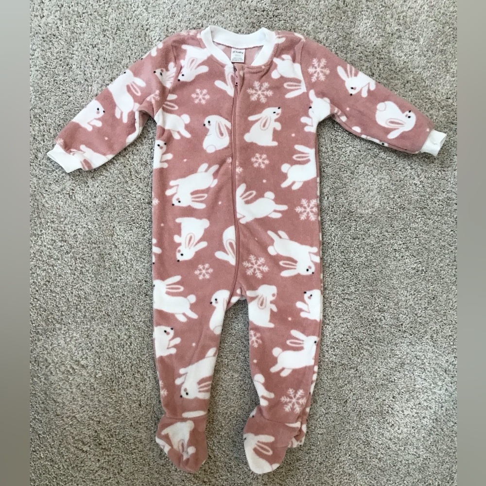 PL BABY Bunny Print Fleece Zip Up Footed Pajamas | Pink | Size 9m